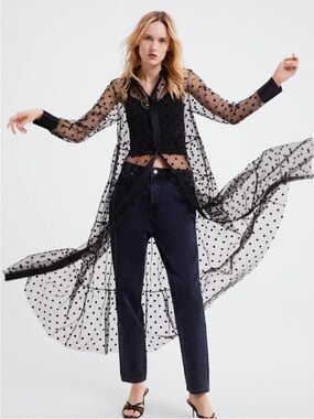 Zara Black Sheer Swiss dot Tulle button down duster/dress